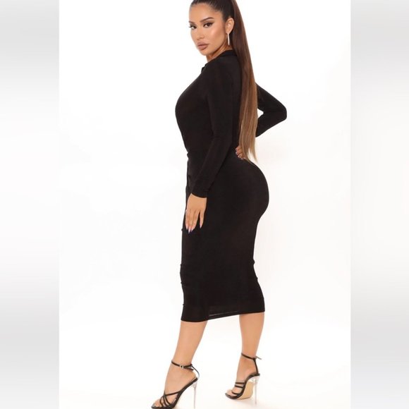 Fashion Nova Office Talk Slinky Long Sleeve Midi Dress - Black - Picture 3 of 13